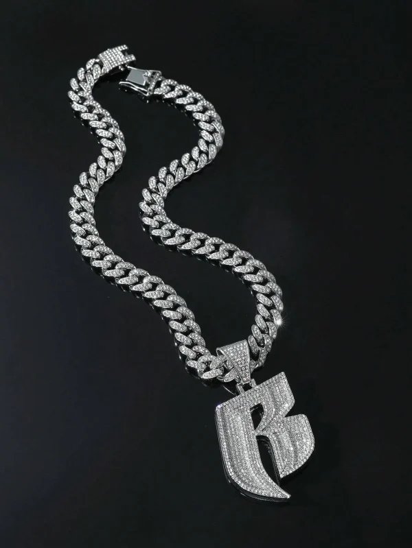 Rhinestone Letter R Chain Necklace One-size Silver Hip Hop