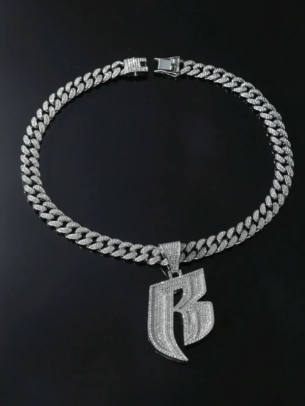 Rhinestone Letter R Chain Necklace One-size Silver Hip Hop