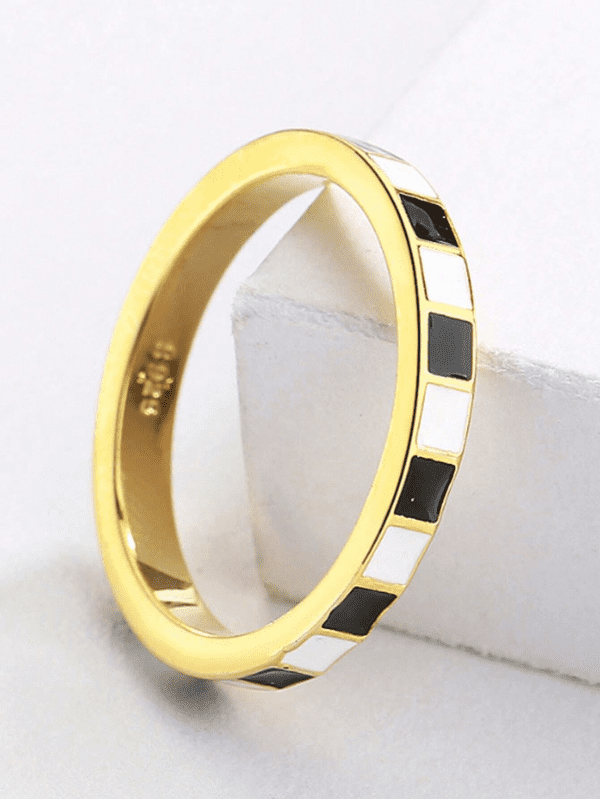 Plaid Pattern Ring Womens Gold, Black, White