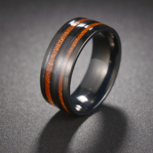 Wood Oil Drop Ring Black & Brown Titanium Steel