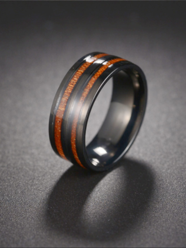 Wood Oil Drop Ring Black & Brown Titanium Steel