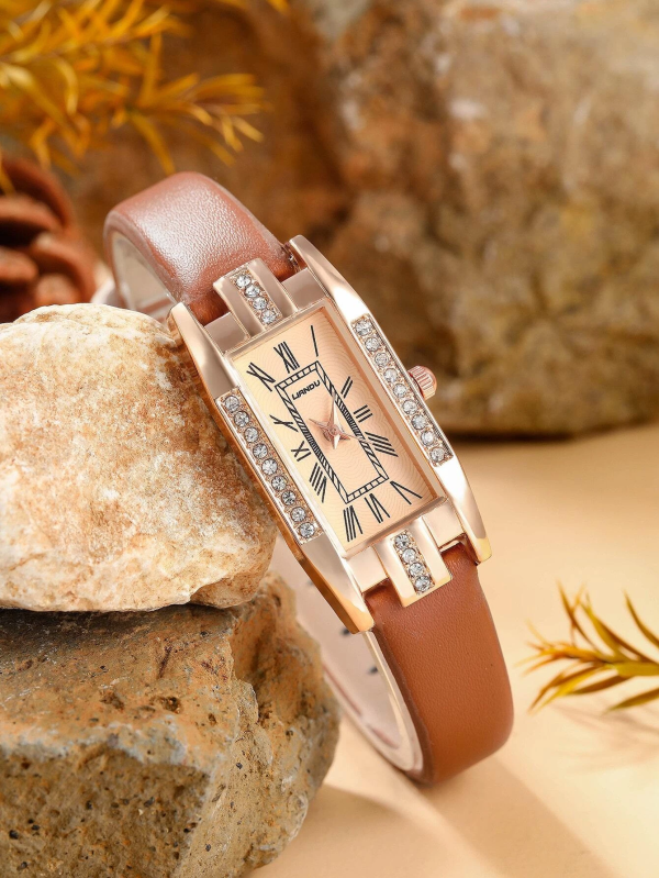 Rhinestone Decor Rectangle Quartz Watch! Womens Brown