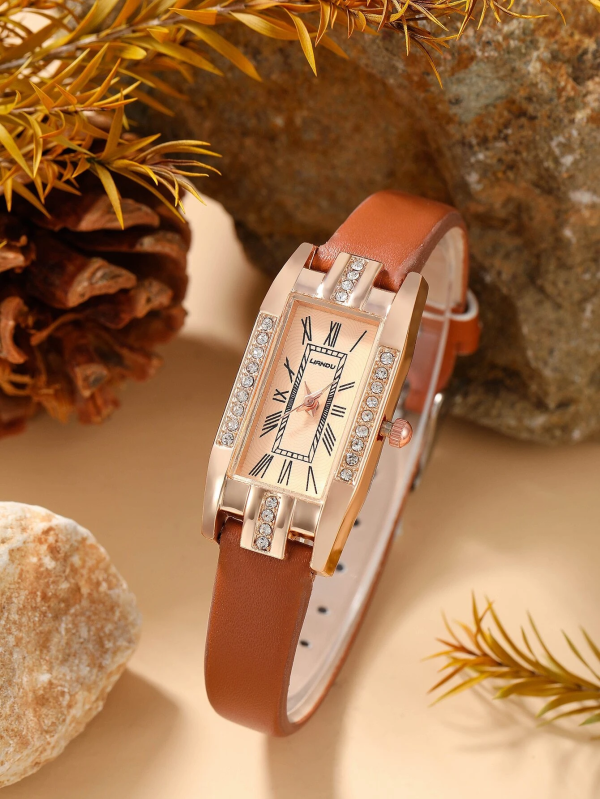 Rhinestone Decor Rectangle Quartz Watch! Womens Brown