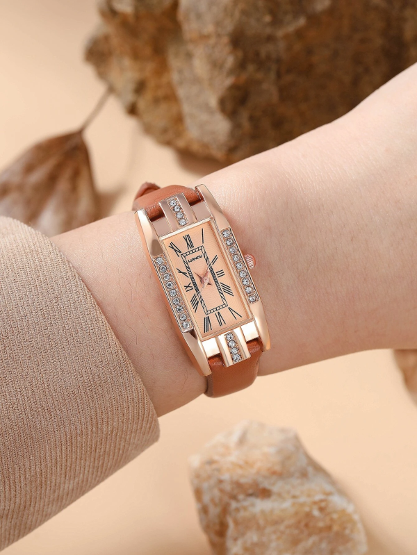 Rhinestone Decor Rectangle Quartz Watch! Womens Brown