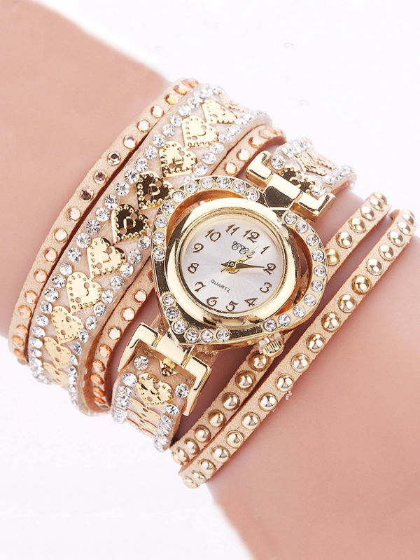 Snazzy Rhinestone Decor Heart Dial Wrap Watch! Womens Rose Gold