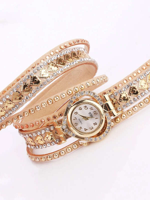 Snazzy Rhinestone Decor Heart Dial Wrap Watch! Womens Rose Gold