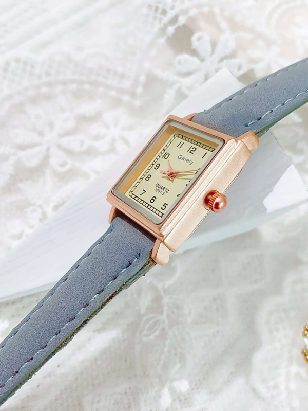 Rectangle Pointer Quartz Watch! Womens Rose Gold & Blue