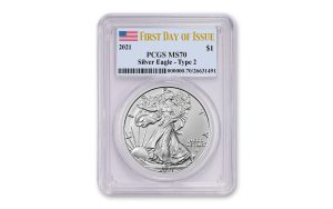 2021 Type 2 $1 American Silver Eagle Dollar MS70 Certified First Day Of Issue Slab