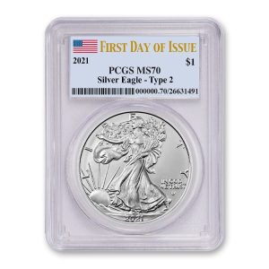 2021 Type 2 $1 American Silver Eagle Dollar MS70 Certified First Day Of Issue Slab