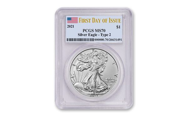 2021 Type 2 $1 American Silver Eagle Dollar MS70 Certified First Day Of Issue Slab